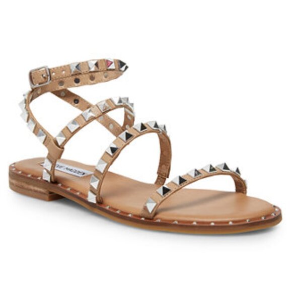 Steve Madden Travel Sandals Flats Rockstud Studded Strappy Wrap Around Tan - Picture 1 of 7